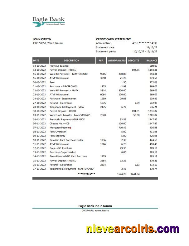 Nauru Eagle bank statement Excel and PDF
